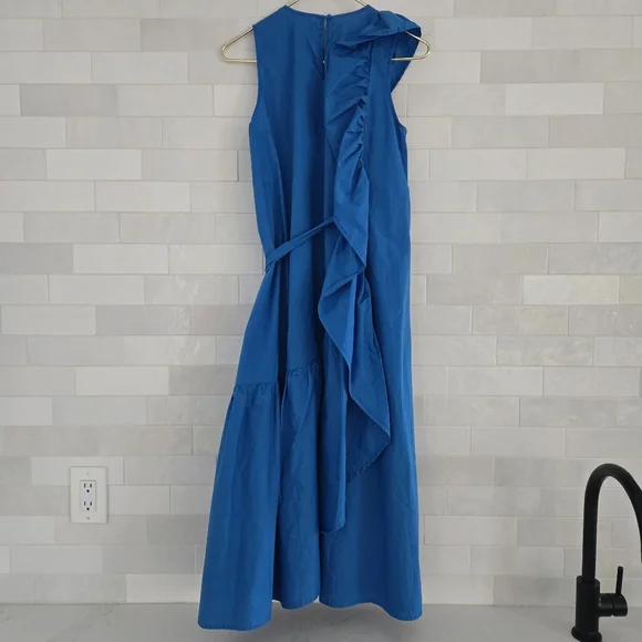 Psophia Cobalt Blue Ruffle Midi Dress Sleeveless Belted Size Small 100% Cotton - Picture 7 of 9